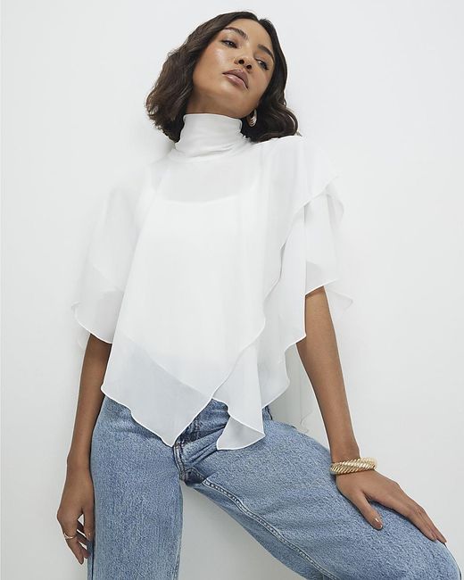 River Island White Ruffle Cape High Neck Tiered Ruffles Top