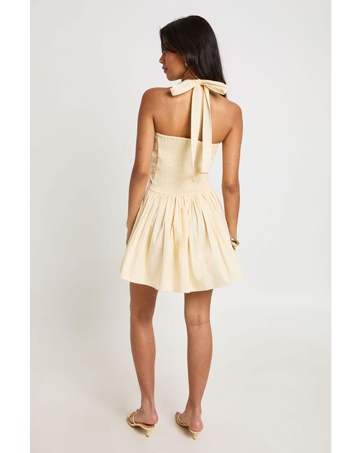 Boohoo Natural Cotton Poplin Halterneck Front Gathered Seam Skater Mini Dress