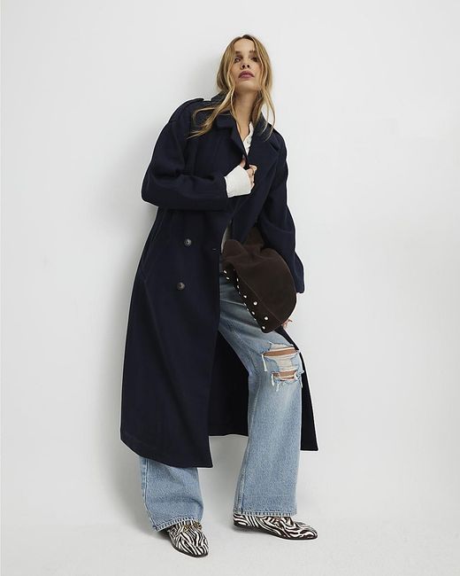 River Island Blue Trench Coat Double Breasted Belted