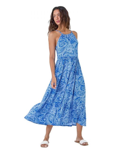 Roman Blue Paisley Gathered Neckline Midi Stretch Dress