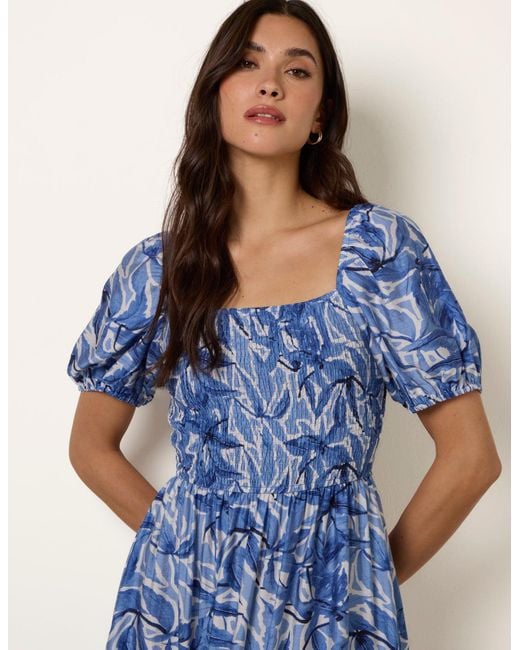 Blue Vanilla Blue Large Floral Printed Square Neck Puff Sleeve Dress