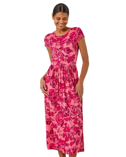 Roman Red Floral Print Pocket Midi Dress