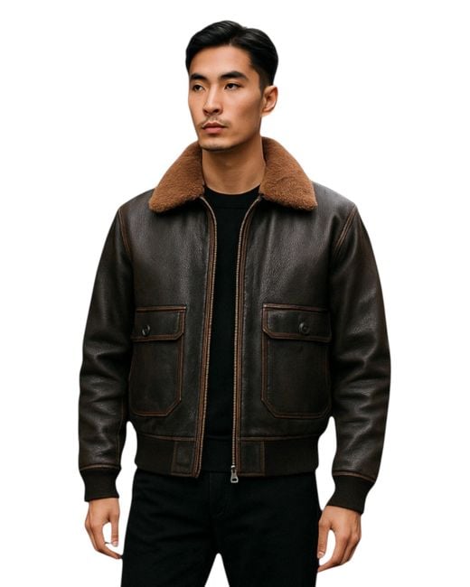 Infinity Leather Herren-Bomberjacke Aus Braunem Leder Mit Schaffellkragen, G-1-Pilotenjacke – Naracoorte in Black für Herren