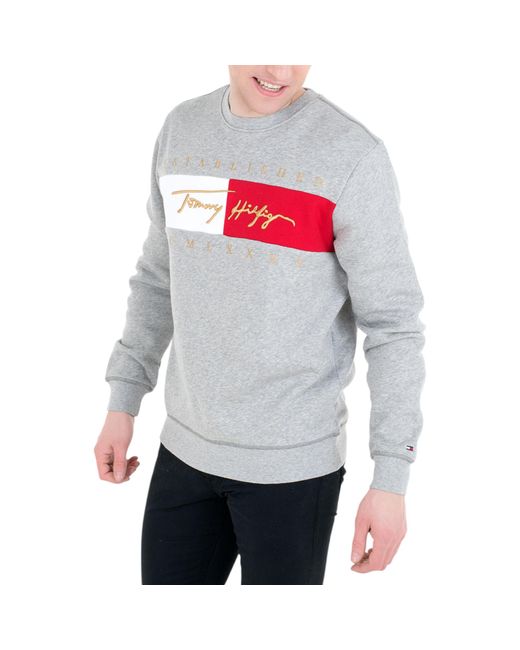Tommy Hilfiger Gray Sweatshirts Signature Flag Fleece Pullover Crew Neck Jumper for men