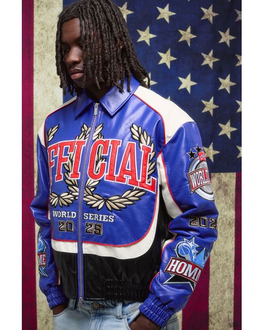 BoohooMAN Blue Boxy Fit Homme Applique Pu Collared Bomber Jacket for men