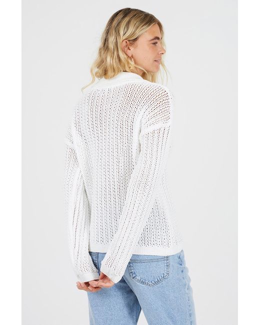 Brave Soul White Collared V-Neck Open Mesh Knit Jumper