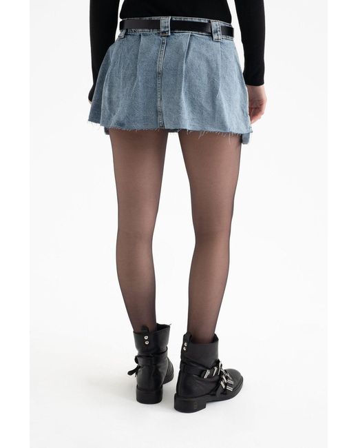 Hiccup Blue Denim Mid Rise Pleated Mini Skirt With A Belt Detail