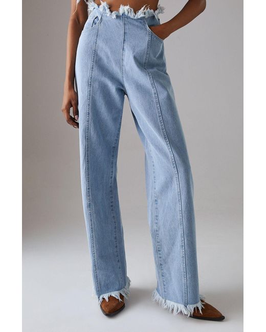 Warehouse Blue Fray Detail Wide Leg Jeans With Seam Detailing