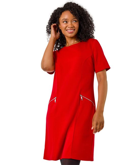 Roman Red Petite Zip Detail Pocket Shift Dress