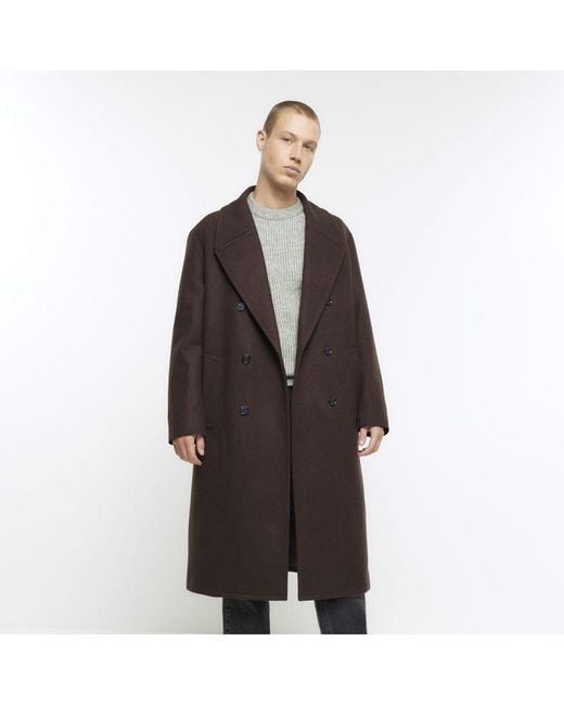 River Island Premium Coat Brown Regular Fit Wool Blend for men