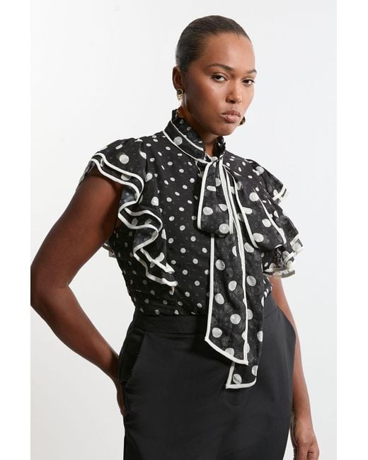 Karen Millen Black Plus Size Printed Dobby Neck Tie Ruffle Blouse