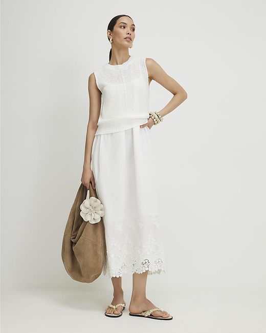 River Island White Midi Dress Schiffli Knit Hybrid Round Neck