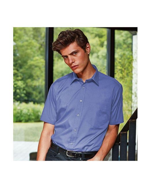 PREMIER Blue Short Sleeve Formal Poplin Plain Work Shirt (Mid) for men