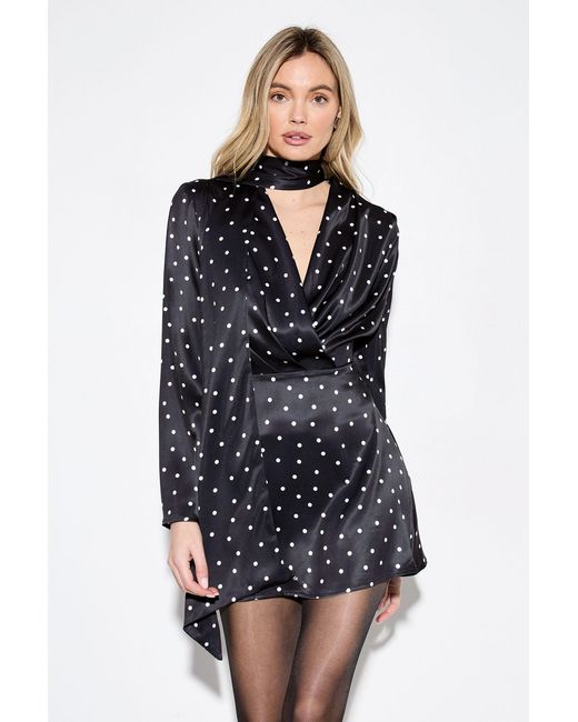 MissPap Blue Premium Spot Print Tie Neck Mini Dress