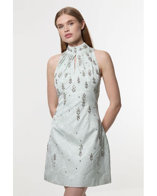 Karen Millen White Texture Jacquard Crystal Embellished High Neck Woven Mini Dress