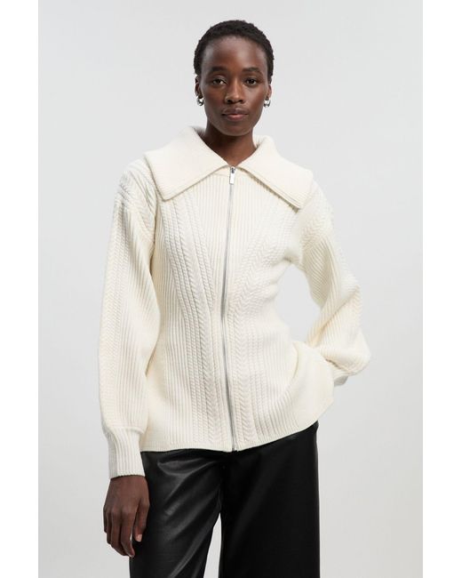 Karen Millen White Cable Knit Balloon Sleeve Peplum Zip Through Cardigan