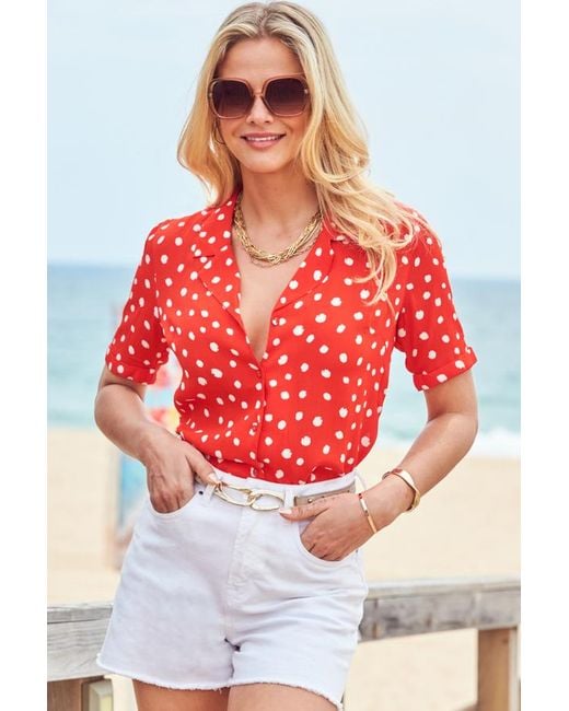 Sosandar White Spot Print Short Sleeve Relaxed Fit Shirt Denim