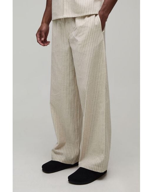 BoohooMAN Natural Baggy Fit Stripe Linen Blend Embroidered Pocket Trousers for men