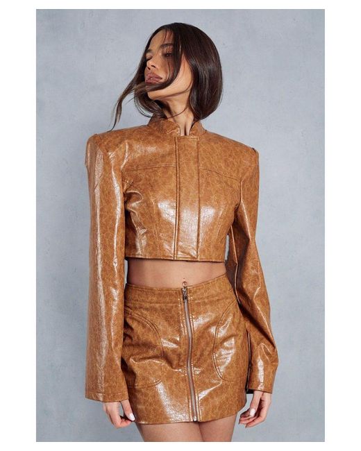 MissPap Brown Crackle Leather Look Structured Cropped Jacket
