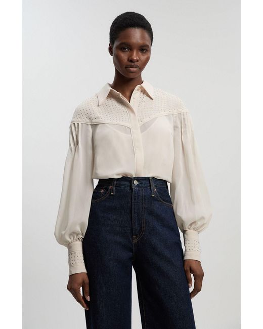 Karen Millen Blue Hotfix Studded Long Sleeve Woven Shirt