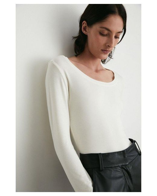 Warehouse White Scoop Neck Long Sleeve Top