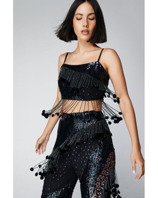 Nasty Gal Black Disc Sequin Tassel Beaded Crop Top