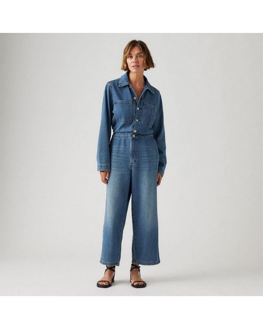 Levi's Blue Levi's Iconic Collared Neck Long Sleeve Solid Patterned Jumpsuit