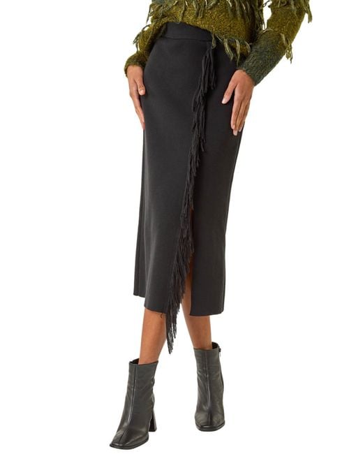Roman Black Fringe Side Knit Midi Pencil Skirt