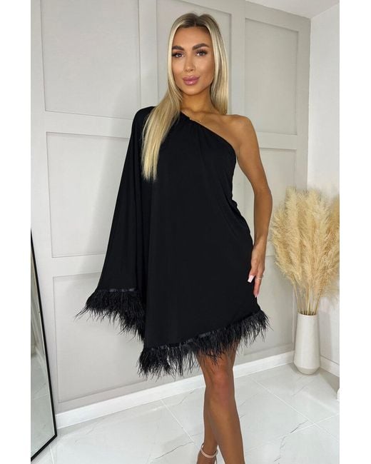 AX Paris Black One Shoulder Batwing Sleeve Faux Feather Hem Dress