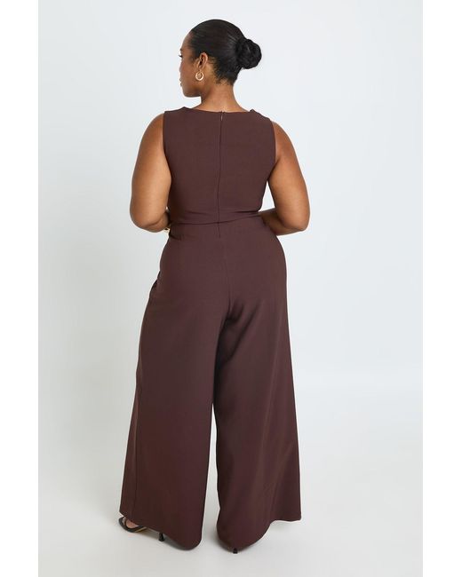 Boohoo Brown Plus Crepe Button Wrap Front Jumpsuit