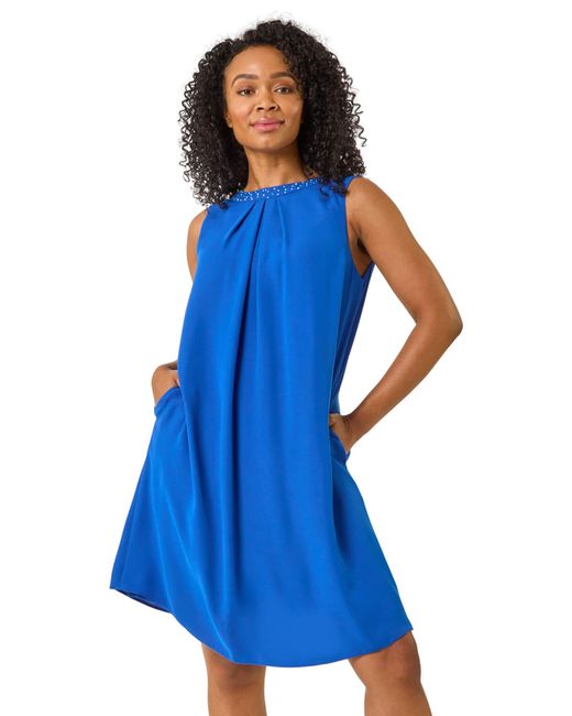 Roman Blue Hotfix Trim Detail Gathered Dress