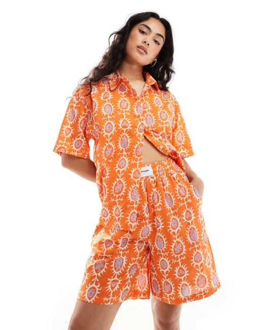 Sixth June Orange Co-Ord Printed Linen Shorts