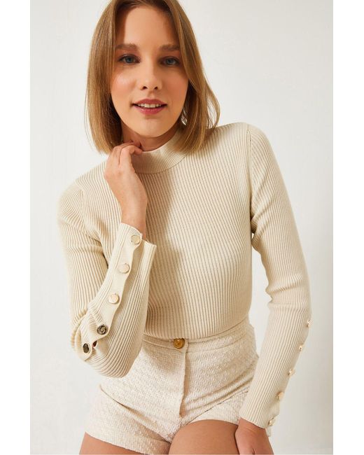 Bianco Lucci Natural Textured Knitwear Turtleneck Sweater With Button Cuff