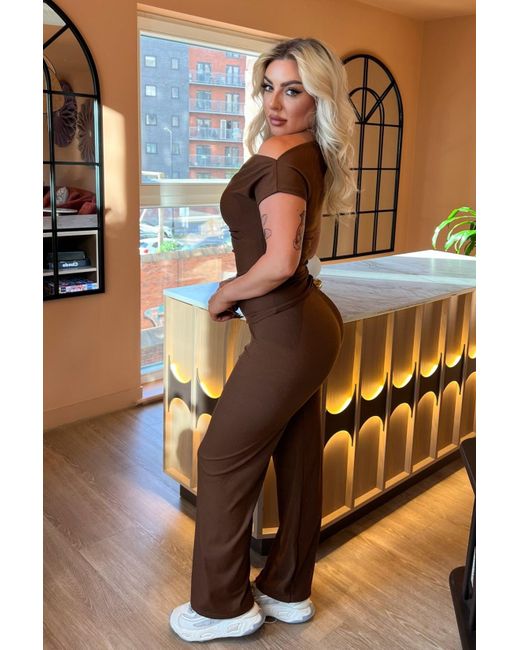 Femme Luxe Brown Ribbed Slash Neck Top With Wide Leg Trouser Loungewear Set