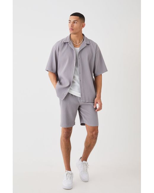 BoohooMAN Gray Oversized Short Sleeve Pleated Shirt And Short Set for men