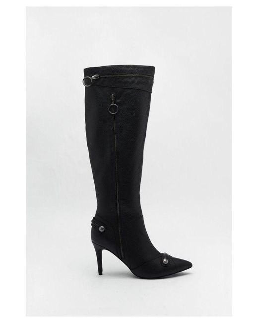 Warehouse Black Leather Zip & Stud Pointed Toe Knee High Boots