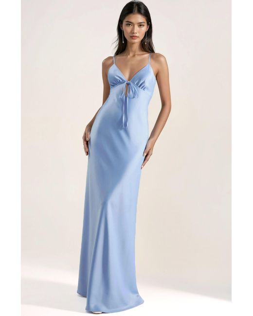 Hiccup Blue Tie-Front Cut-Out Detail Satin Maxi Dress