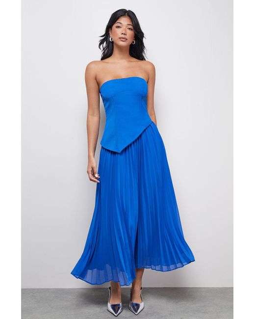 Warehouse Blue Bandeau Bodice Pleated Chiffon Midi Dress