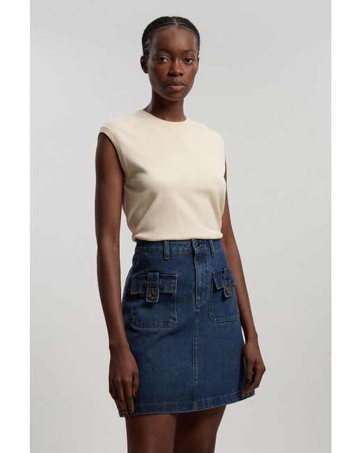 Karen Millen Blue Petite Denim Button Front Midi Skirt