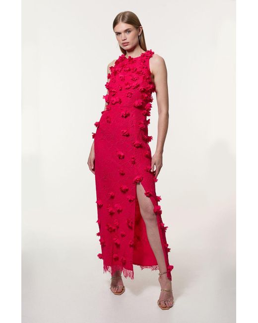 Karen Millen Petal Applique Lace Woven Midi Dress in Red | Lyst UK
