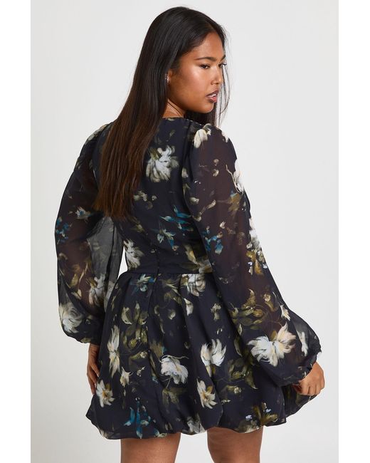 Boohoo Black Plus Dark Floral Puffball Hem Skater