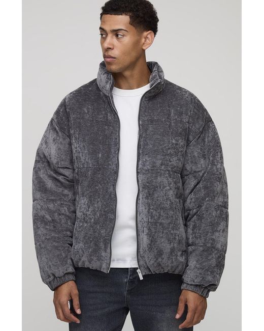 BoohooMAN Gray Regular Fit Textured Velvet Funnel Neck Puffer Jacket for men