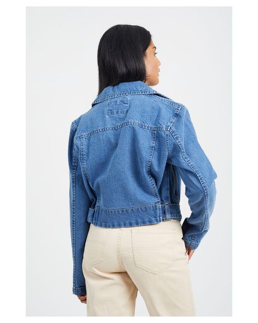 Brave Soul Blue Mid 'Ivory' Denim Biker Jacket