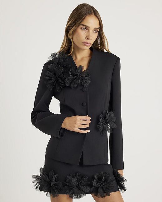 River Island Black Blazer 3D Flower Collarless
