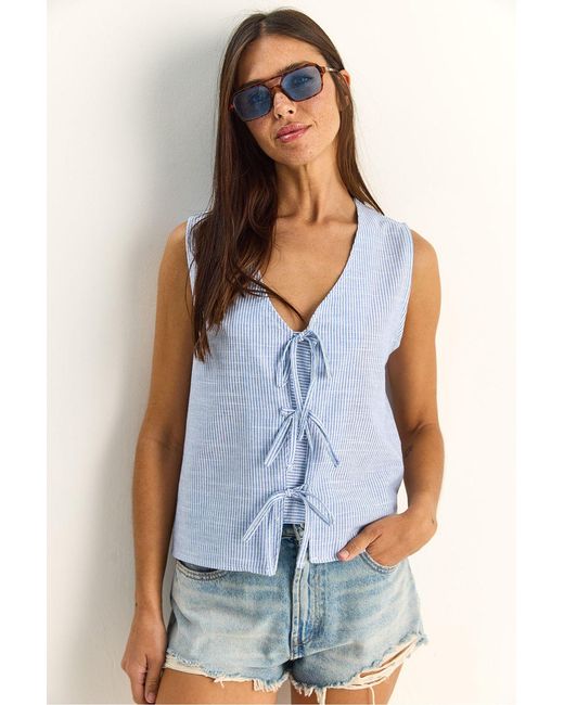 Bianco Lucci Blue Striped V-Neck Blouse With Tie Detail