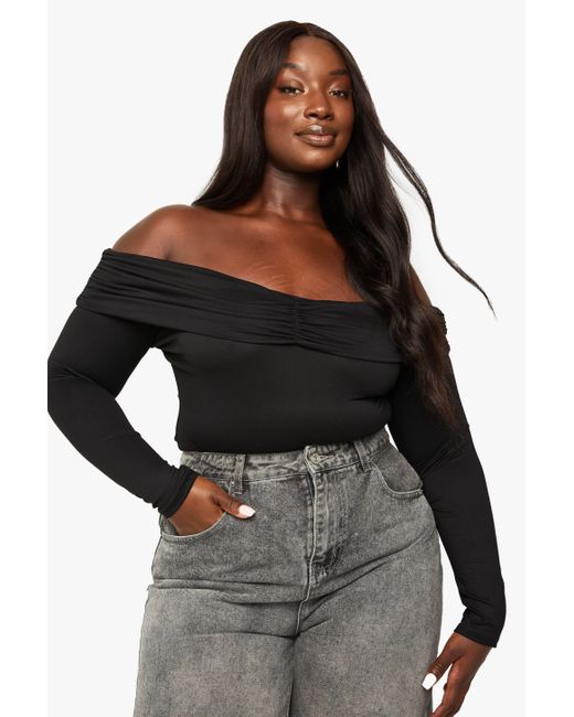 Boohoo Black Plus Supersoft Rouched Bardot One Piece