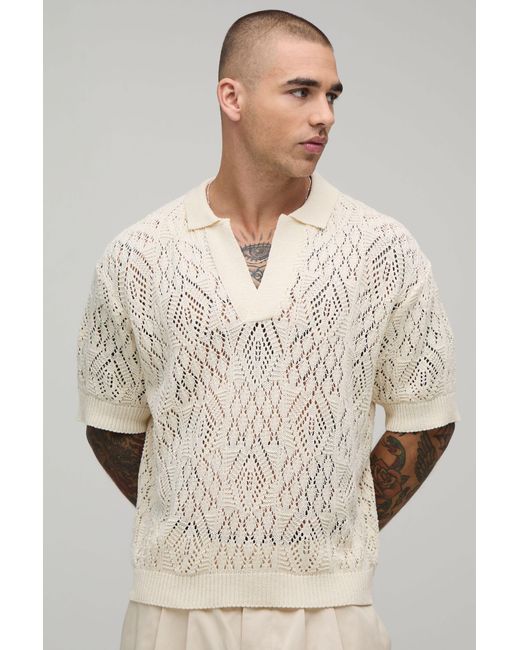 BoohooMAN Natural Oversized Boxy Diamond Crochet Cotton Blend Knitted Polo for men