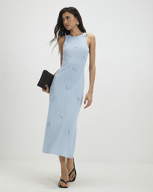 River Island Blue Midi Dress Sleeveless 3D Flower Round Neck Viscose