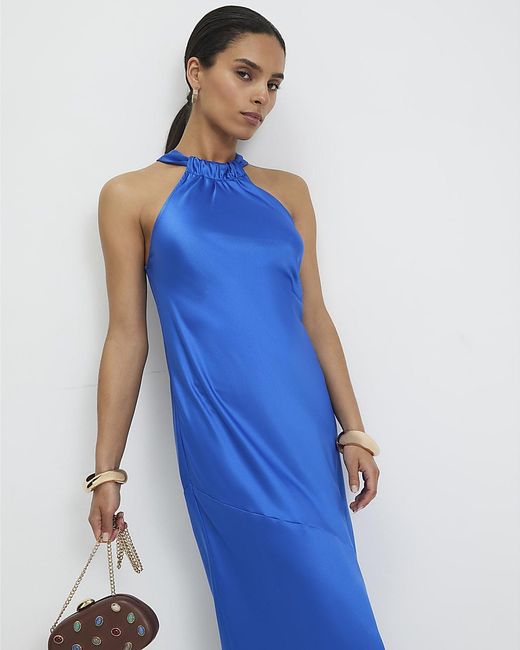 River Island Blue Slip Midi Dress Petite Halter Neck Back