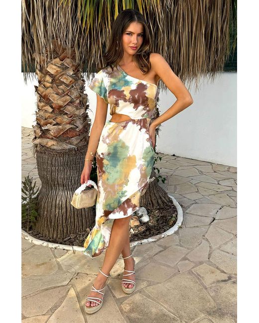AX Paris Black Multi Smudge Print One Shoulder Asymmetric Cut Out Frill Hem Midi Dress